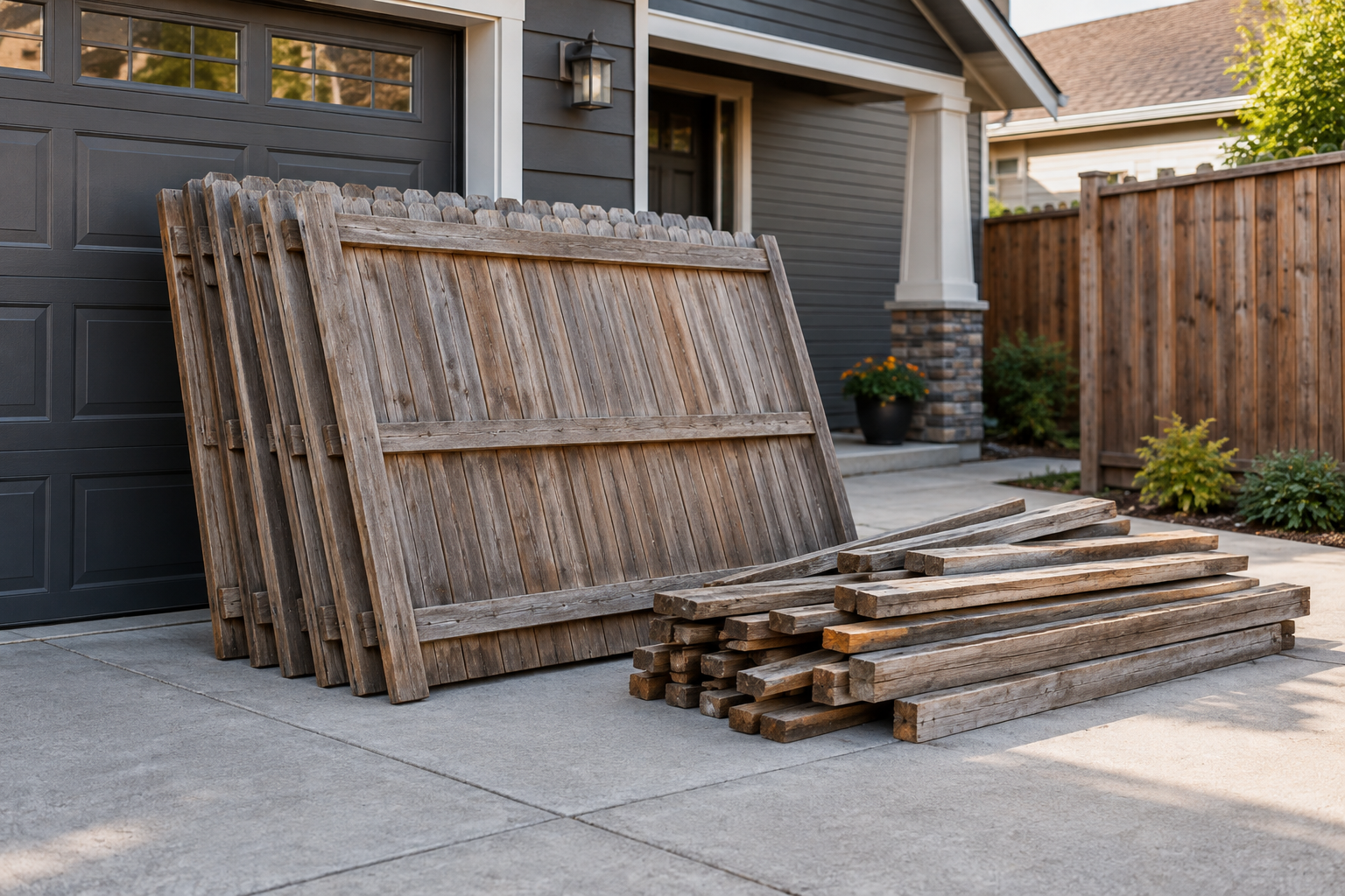 Illustration of detached fence panels and lumber ready for cleanup
