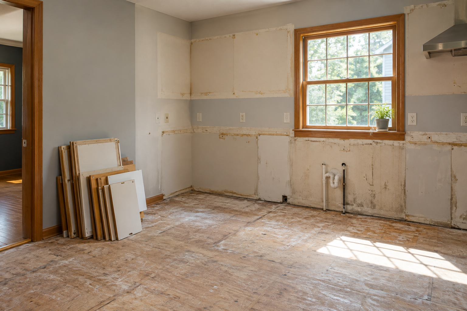 Illustration of a room after cabinet and flooring removal