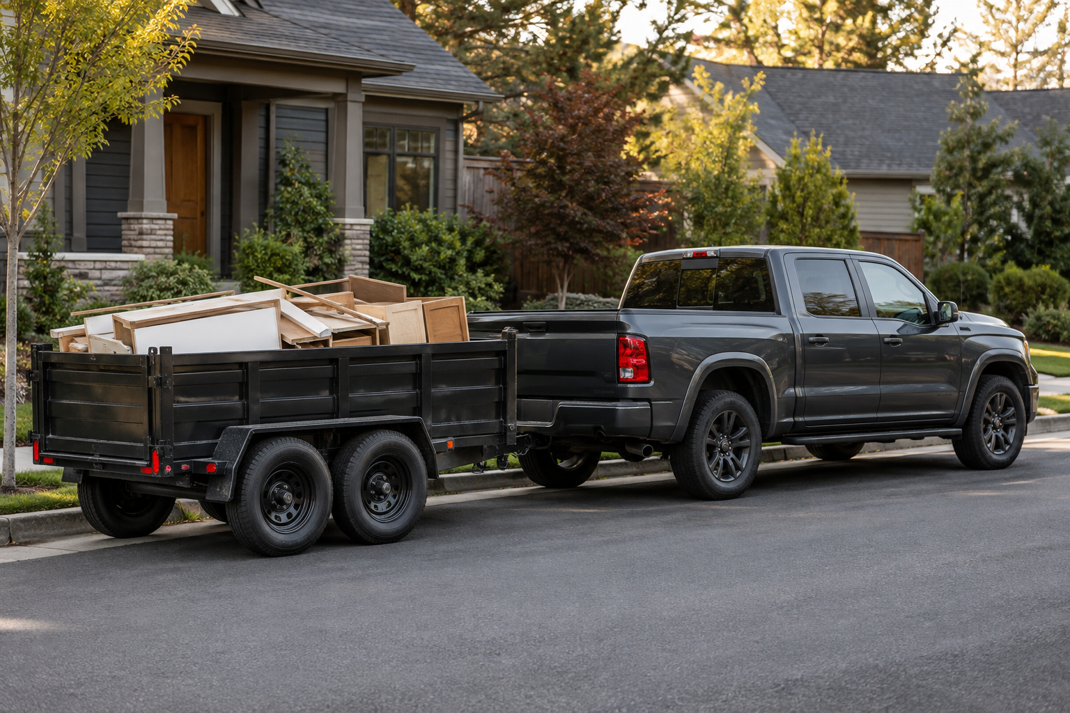 Illustration of a truck and trailer with removed cabinets and debris